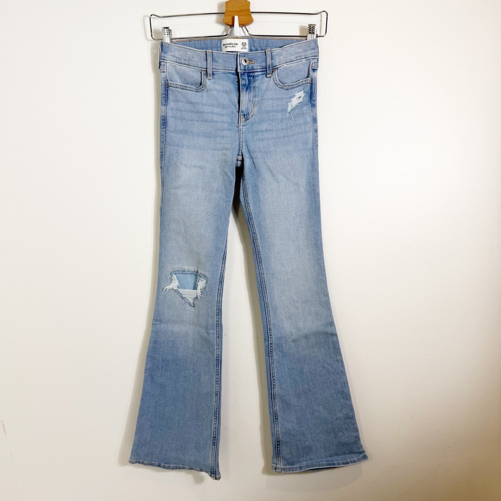 Abercrombie Kids Flare Jeans Girls 9/10 Long Light Wash Distressed High Rise